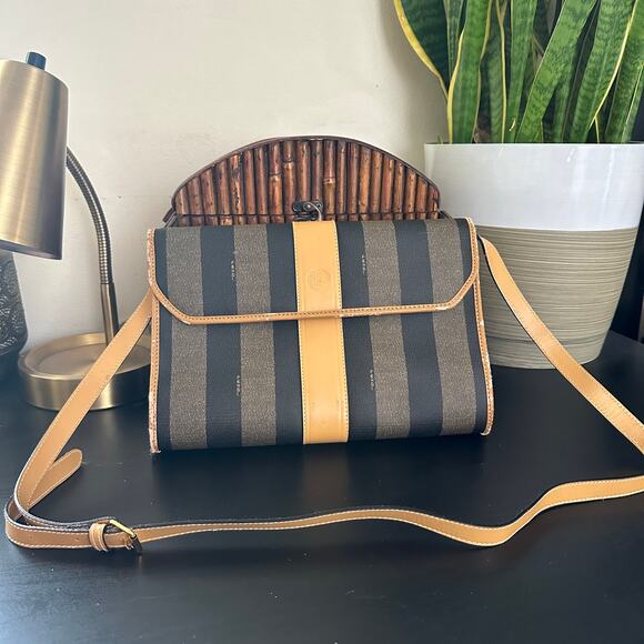 FENDI VTG 80s Pequin Stripe Cognac Saddle Flap Shoulder Bag Convertible Clutch - Picture 1 of 16